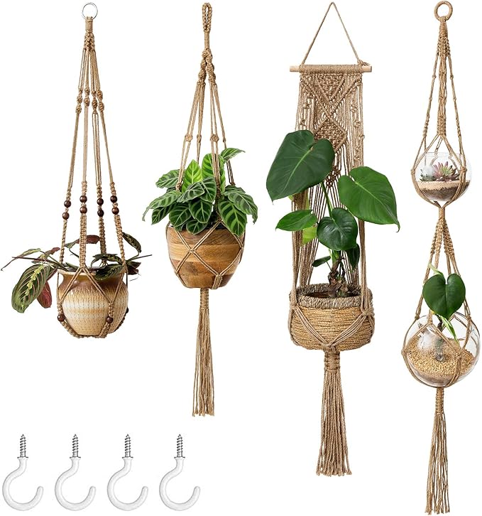 Mkono Macrame Plant Hangers Set of 4 Indoor Hanging Planter Basket Wall Decorative Flower Pot Holder with 4 Hooks for Indoor Outdoor Home Decor Gift Box, Brown