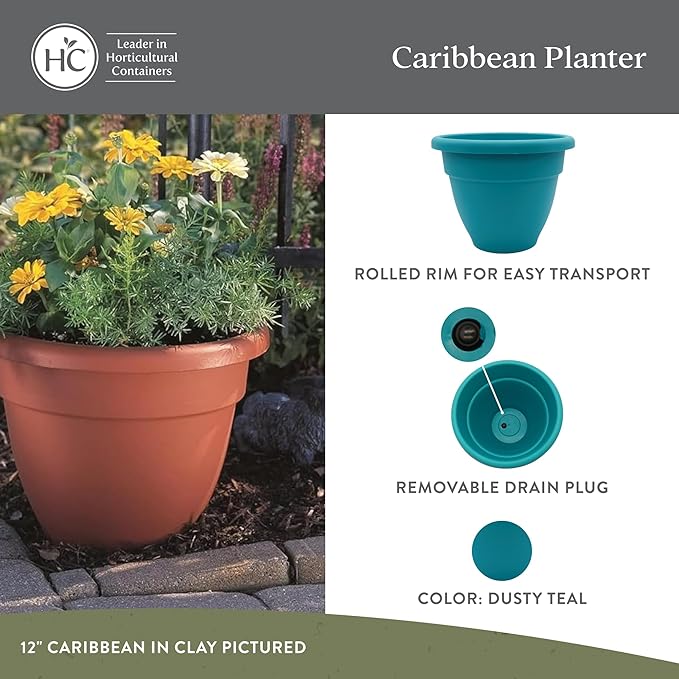 The HC Companies 12 Inch Caribbean Planter - Lightweight Indoor Outdoor Plastic Plant Pot for Herbs and Flowers, Dusty Teal