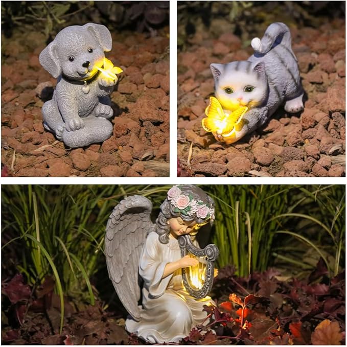 Solar Garden Statues Outdoor Cat Lights, Unique Housewarming Garden Gifts for Women Mom Wife Grandma and Sisters，Cute Cat Sculpture Decoration for Patio, Terrace, Balcony, Lawn