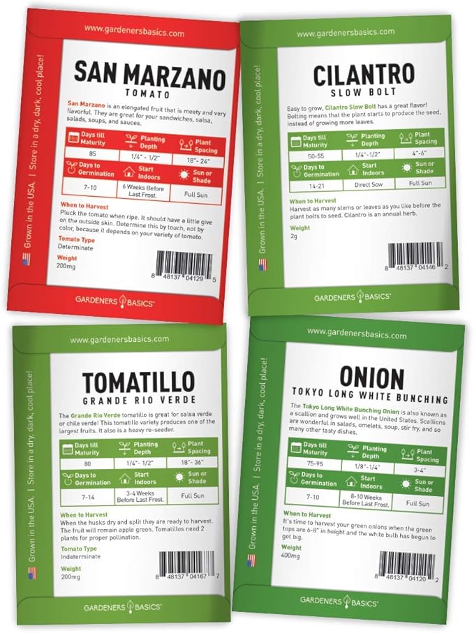 Gardeners Basics, Heirloom Hot Salsa Growing Seed Packets 8 Varieties Habanero, Jalapeno, Serrano Peppers, Roma, San Marzano Tomato, Cilantro, Green Onion, Tomatillo for Garden Non-GMO Heirloom
