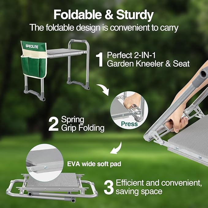 Garden Kneeler and Seat, Heavy Duty Foldable Gardener Stool with 2 Tool Pouches, Anti-Knee and Back Pain, Gardening Gifts for Women, Men Seniors