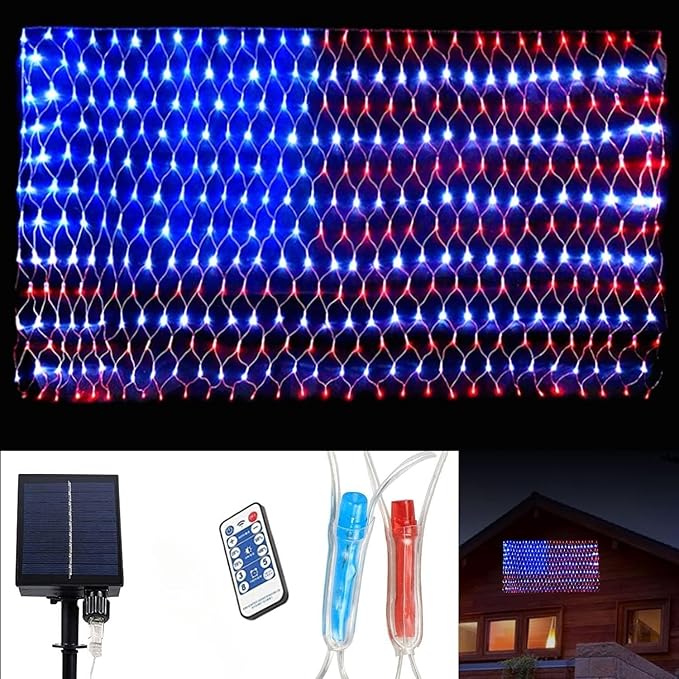 MUYUN American Flag Lights Solar Powered&Plug-in, 420LED Flag Net Light with Remote, 8 Modes Fairy String Light for Christmas Decorations Party Home Decor July 4th Independence Day