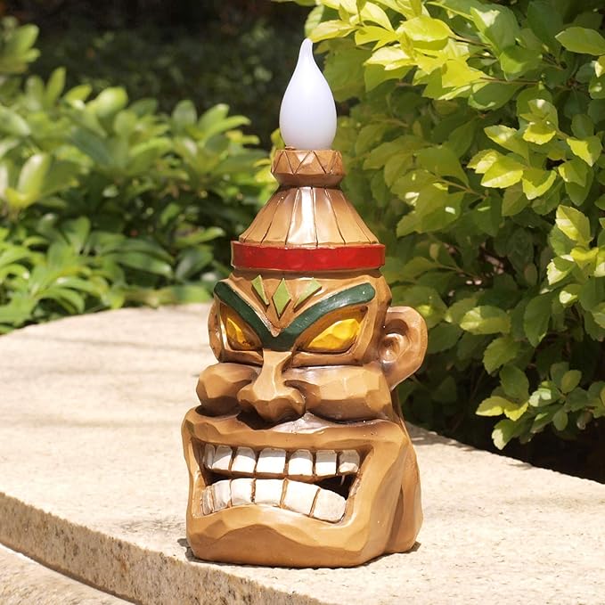 Outdoor Solar Tiki Statue Decor-Tiki Bar Decoration-Torch Tiki Head Statues Outdoor Decorations for Garden,Patio,Yard,Backyard,Lawn,Garden Gift,Garden Tiki Figurine 8.74 Inch Tall