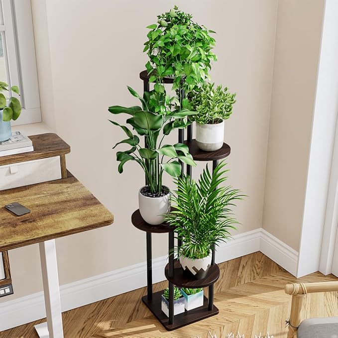 AZERPIAN Plant Stand Indoor 5 Tier Metal Plant Shelf for Multiple Plants Corner Tall Flower Holders for Living Room Balcony Bedroom Patio Garden (Black Oak, 5 Tier)