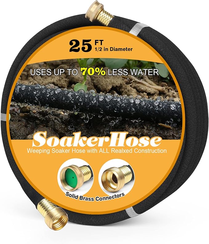 Soaker Hose 25ft for Garden Beds, Solid Brass Interface Irrigation Save 70% Water Heavy Duty Rubber 1/2" Diameter Great for Gardens/Flower Beds