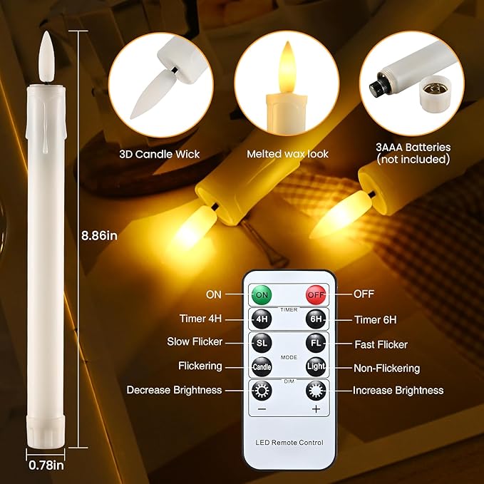 JOSU 6 Pack Flameless Candles with Remote Control Timer, Flickering LED Taper Candles Battery Operated, Christmas Window Light for Candleholder for Home Decor Thanksgiving Wedding Decoration