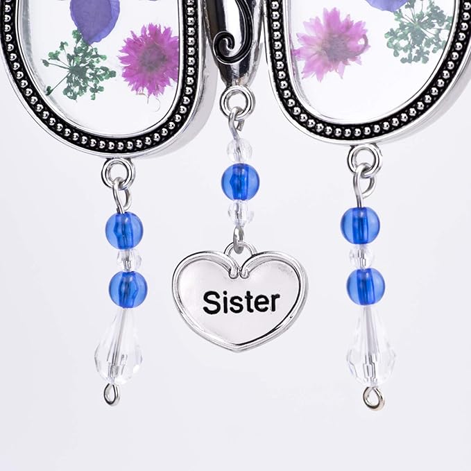 Laraine Butterfly Suncatcher with Pressed Flower Wings Mom Mother's Day Butterfly Glass Wind Chime Ornament Charm with Metal Heart Gifts for Mom Grandma Birthday ((Purple Sister (with Free Hook))