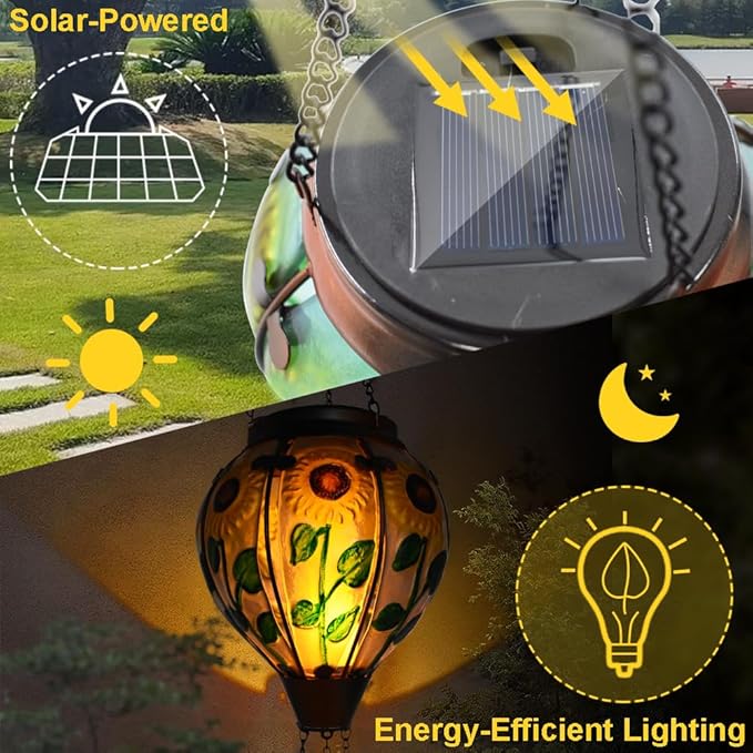 Hot Air Balloon Solar Lantern with Flickering Flame, Glass Hanging Garden Lights Outdoor Waterproof for Tree Yard Patio Mother's Day Gift, 18" H Sunflower