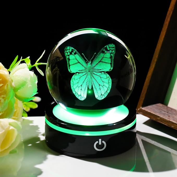 YWHL 3D Crystal Ball Butterfly Figurine with Colorful LED Base, Laser Butterfly Gifts for Women Men on Christmas Birthday, Ornament Glass Sphere Decorative Ball for Home Decor (80mm)