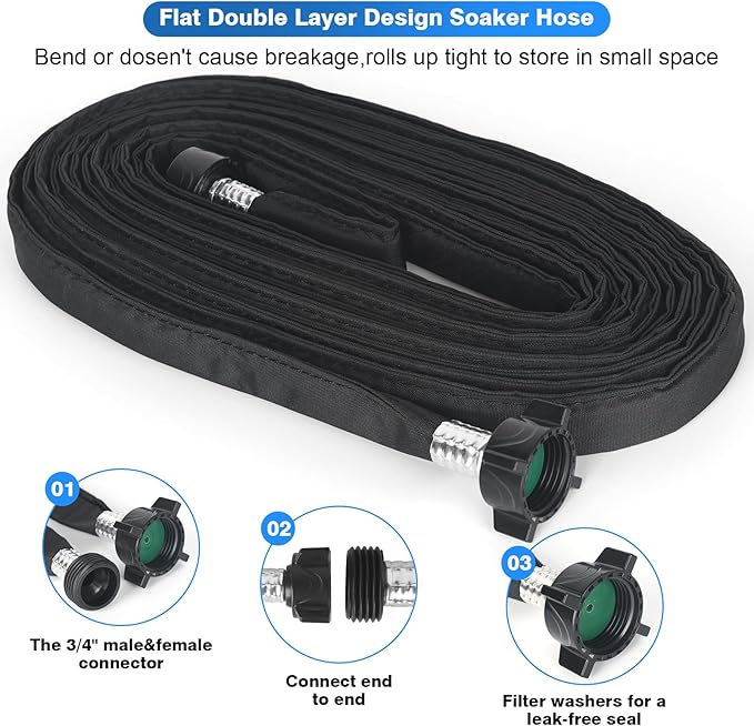 Flat Soaker Hose 25FT,Drip Hose for Garden Beds Linkable Irrigation System Lightweight and Easy Watering for Tree Plant and Save 80% Water for You(25FT)