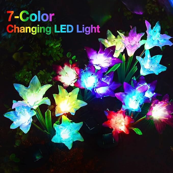 KOOPER Outdoor Solar Lights, 4 Pack Solar Garden Lights with Bigger Lily Flowers, Waterproof 7 Color Changing Solar Lights Outdoor - Bigger Solar Panel for Outdoor Patio Yard Garden Decoration