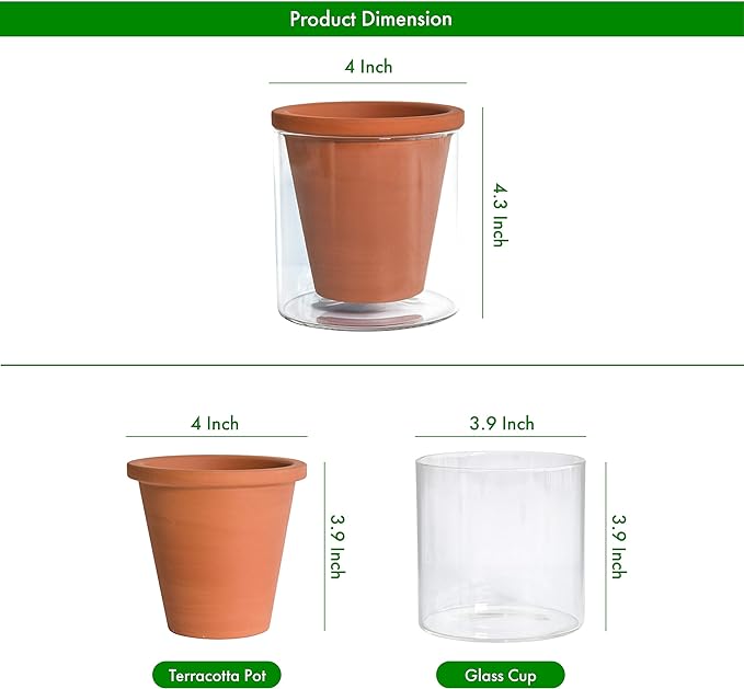 D'vine Dev 4 Inch Design Self Watering Pot for Indoor Plants, Terracotta Planter with Cylinder Glass Cup, Set of 2, 37-X-A-2