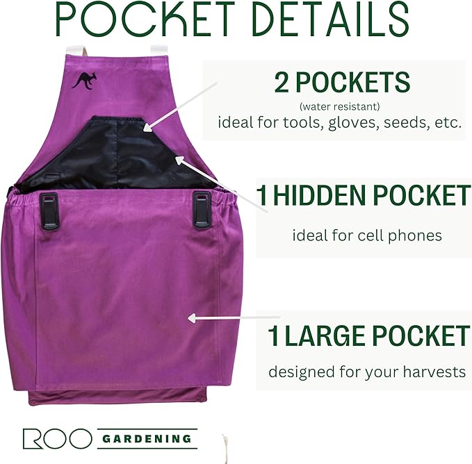 Roo Gardening Apron with Pockets & Harvesting, Picking Pouch - Adjustable, Water-resistant, Washable Canvas Cotton