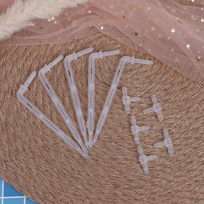 10 Sets White Drip Emitters with 3-Way Connector Curved Arrow Dripper Potted Plants Bend Sprinklers Garden Automatic Irrigation System for 4/7mm Hose Patio Watering Cooling Irrigation Kit