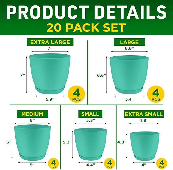 Planter Pots with Drainage Holes - Lightweight, Durable, and Space-Saving Pots for Indoor and Outdoor - Versatile Functionality, Simple Modern Design, Set of 20 Plastic Planter Pots - Aqua
