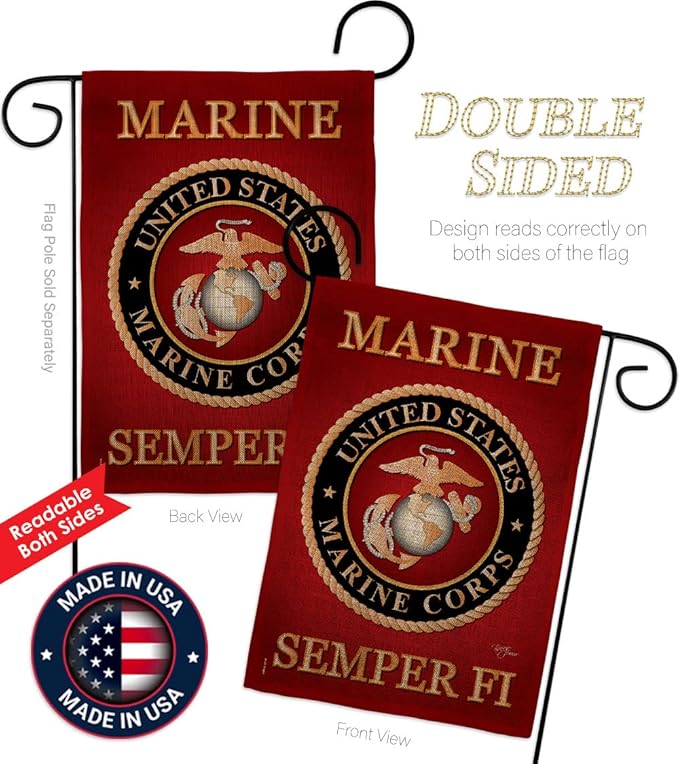 Marine Corps Burlap Garden Flag - Set with Stand Armed Forces USMC Semper Fi United State American Military Veteran Retire Official - House Banner Small Yard Gift Double-Sided Made In USA , Garden Flag 13"x 18.5"