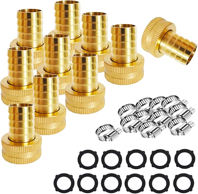 10Pcs 1/2" Barb x 3/4" Female GHT Thread Swivel Brass Garden Water Hose Pipe Connector Copper Fitting with Stainless Clamp House/Boat/Lawn/Power Wash/Irrigation
