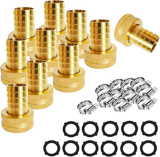 10Pcs 1/2" Barb x 3/4" Female GHT Thread Swivel Brass Garden Water Hose Pipe Connector Copper Fitting with Stainless Clamp House/Boat/Lawn/Power Wash/Irrigation