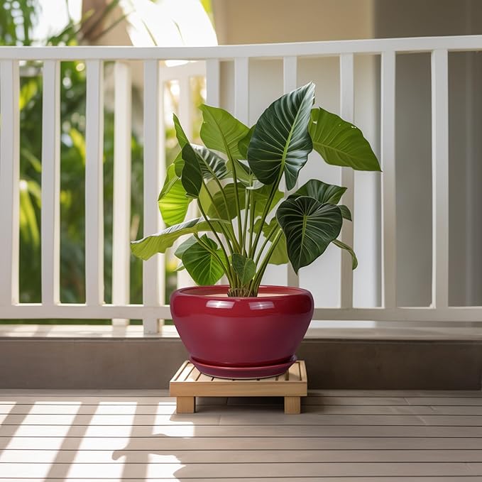 Ceramic Planter - 11 Inch Planter for Outdoor Plants Large Plant Pot Indoor with Drainage Hole and Saucer Round Modern Flower Pot Mid-Century Room Decor Red