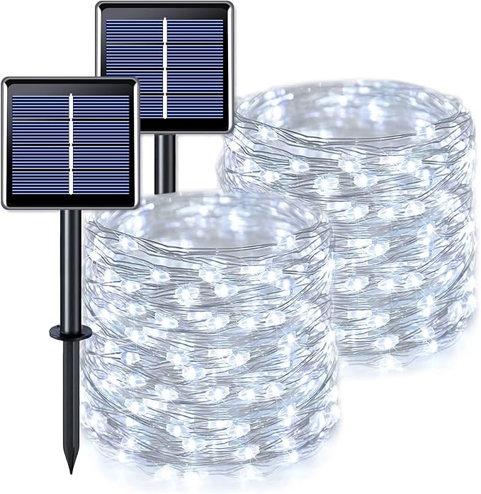 JMEXSUSS Total 400 LED White Solar Christmas Lights Outdoor Waterproof, 2 Pack 66ft Solar String Lights, 8 Modes Solar Fairy Lights for Yard Patio Tree Christmas Decor