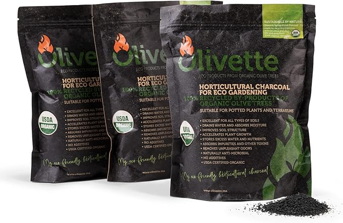 Olivette Horticultural Activated Charcoal for Plants Terrarium Horticulture Moisture Absorbers | Terrarium Supplies | USDA Organic Certified | Made from Recycled Olive Tree Byproducts | 3 Bags