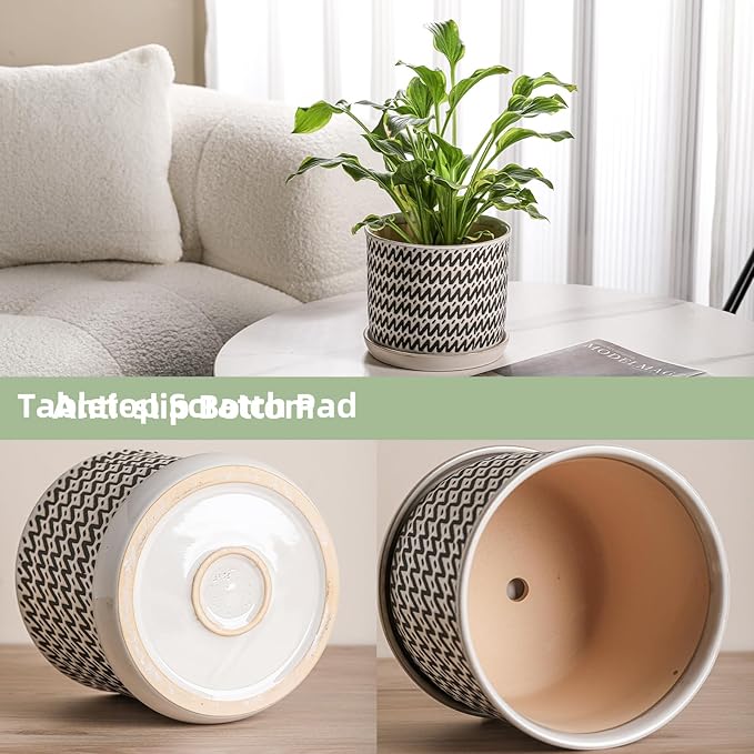 8 Inch Plant Pot: Ceramic Planter with Drainage Hole & Saucer for Indoor Outdoor Plants - Flowerpot with Bonded Tray for Home Office - Wave Stripe Debossed