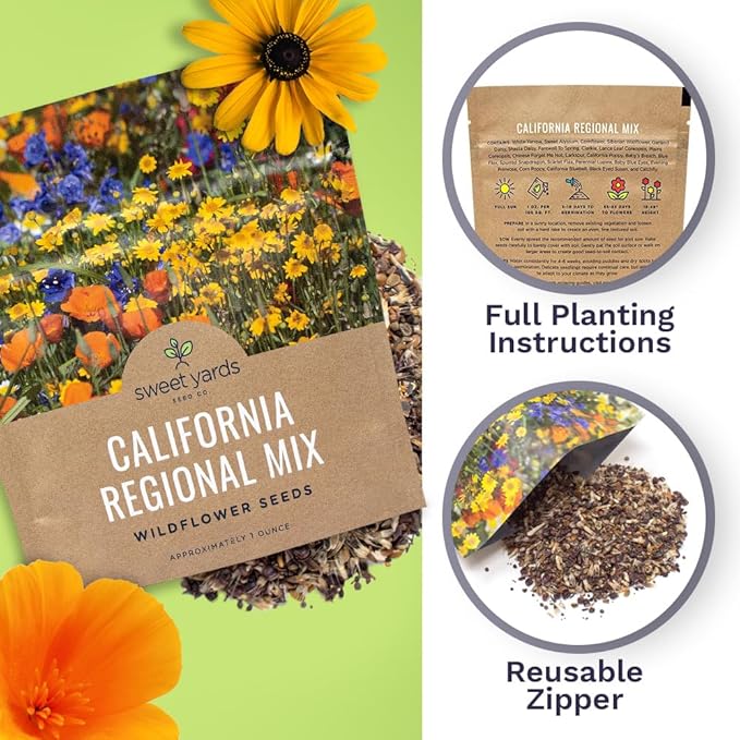 California Wildflower Mixture - Bulk 1 Ounce Packet - Over 7,000 Native Seeds - Open Pollinated and Non GMO