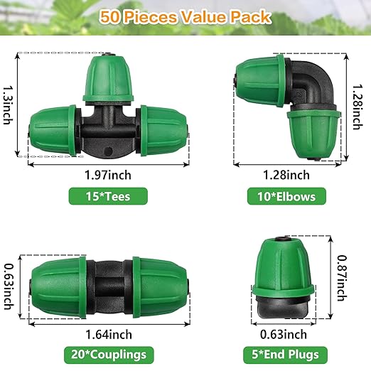 Upgraded 1/4" Drip Irrigation Fittings：50 Pieces Set-20 Couplings 15 Tees 10 Elbows 5 End Plugs, Leak Free Barbed Locked Nut Connectors for 1/4 Inch Irrigation Tubing