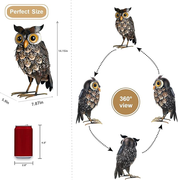 Shorayn Garden Statue Metal Owl Yard Art Outdoor Decor with Solar LED Lights for Patio Lawn Decoration Great Gifts