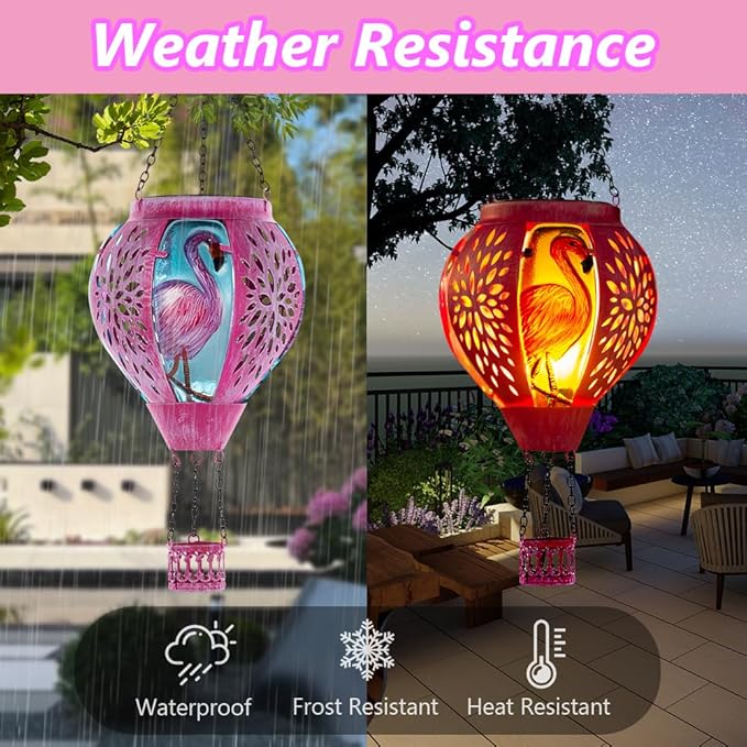 Starsoul Pink Hot Air Balloon Solar Lantern Flamingo Metal & Glass Solar Hot Air Balloon Hanging Garden Light Waterproof Outdoor Lantern for Patio Yard Party Decor