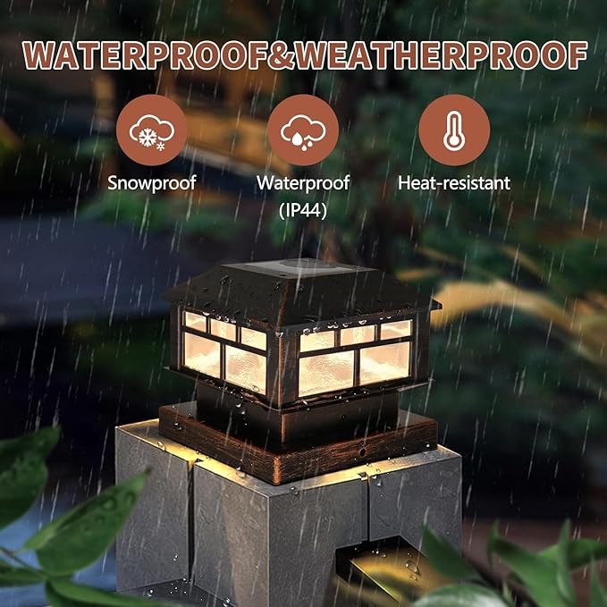 Solar Post Lights Outdoor, 20LM Fence Post Cap Lights, Waterproof, 2 Light Modes, Fit 3.5x3.5in 4x4in 5x5in Wooden Post, Solar Power Deck Lights for Garden Deck Patio Decoration(Bronze 2Pack)