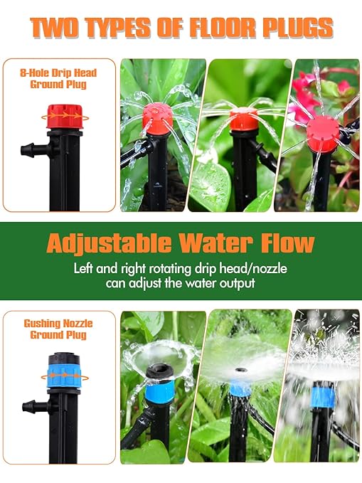 182FT Automatic Drip Irrigation Kit, Kalolary Garden Watering System with 1/4" 5/16" Distribution Tube Micro Patio Misting Equipment Adjustable Nozzle Sprinkler Emitters Barbed Fittings for Greenhouse
