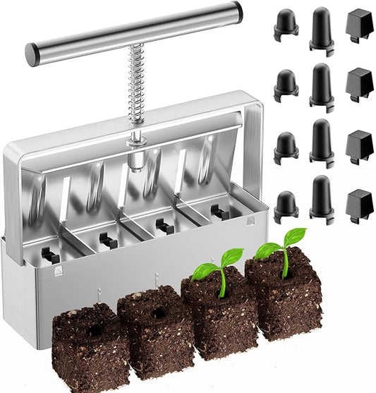 Soil Blocker, 2 Inch Soil Block Maker with 3 Sizes Seed Pins & Comfortable Handle 4 Cell Handlheld Soil Blocking Tool for Seed Starting, Grow Seedling, Outdoor Plants, Greenhouses, Garden