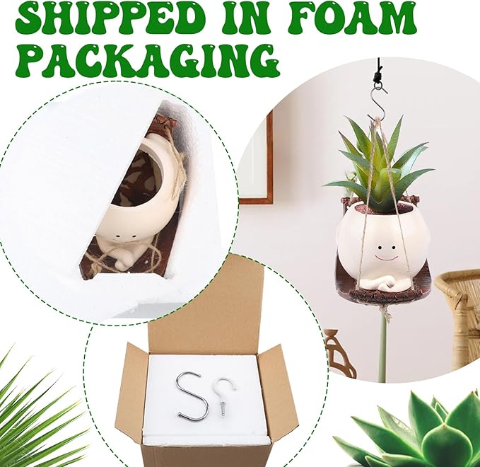 Small Swing Face Hanging Planter Pot for Indoor Outdoor Plants, Cute Swinging Plant Pot, Face Planter Pot Head, Hanging Flower Pots, Resin Succulent Planter, Valentines Day Gifts for Her