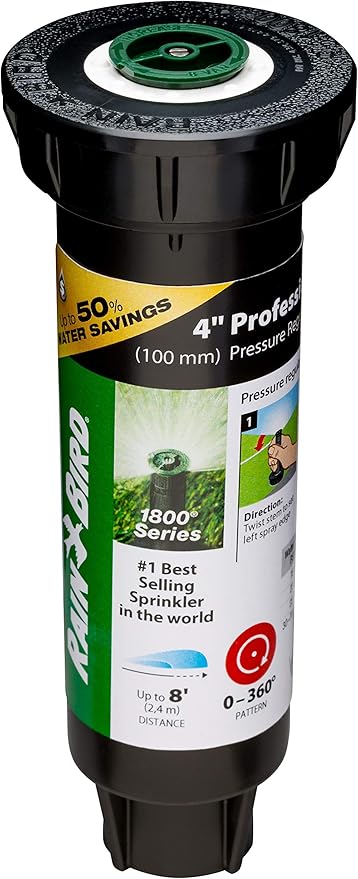 Rain Bird 1804AP8PRS Pressure Regulating (PRS) Professional Pop-Up Sprinkler, Adjustable 0 - 360° Pattern, 6' - 8' Spray Distance, 4" Pop-up Height