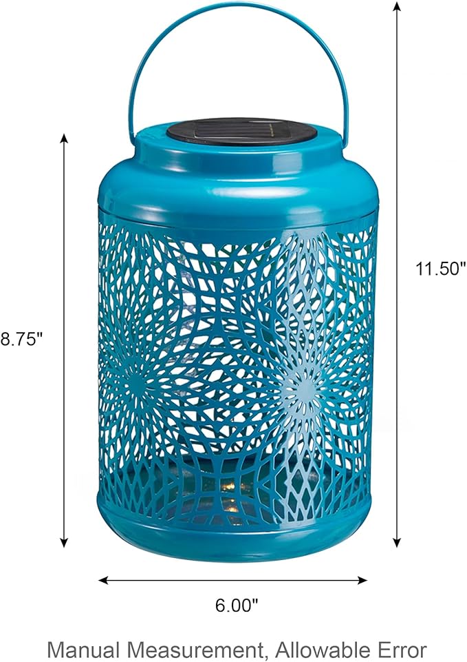 Glitzhome Solar Lantern Blue Metal Cutout Scrollwork Outdoor Hanging Solar Light with Handle for Garden Patio Yard Outdoor Decor