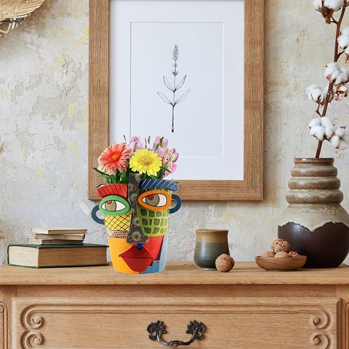 TOZLU Picasso Brutalist Abstract Beauty Flower Pot Ornaments Head Planter Pots Container Colorful Face Art Resin Flower Pot (Modern Big)