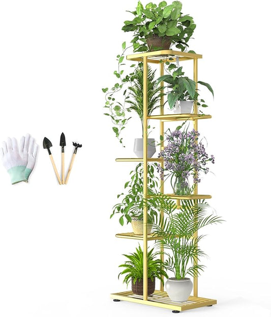 6 Tier 7 Potted Gold Plant Stand Indoor Outdoor with Gardening Tools and Gloves, Upgraded Corner Metal Plant Rack Shelf for Multiple Plants, Tall Flower Pot Holder Display for Patio, Balcony,