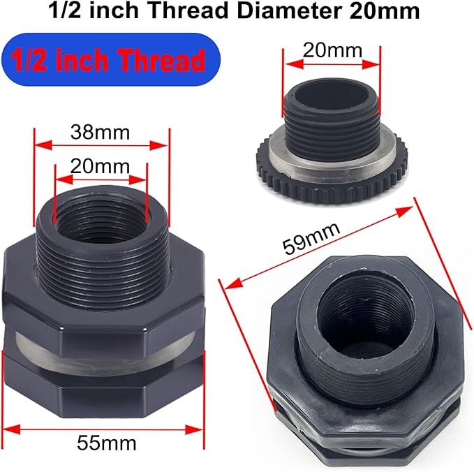 4 PCS Rain Barrel Bulkhead Fitting kit with Plugs and Hole Saw Tool, 1/2" (Inside Diameter is About 20mm) PVC Spigot Connector Kit for Rain Barrels Pools Aquariums (20mm ID Bulkhead 1/2")