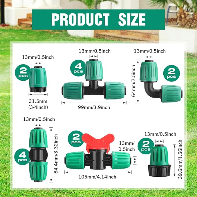 32 Pcs 1/2" Tubing Irrigation Fittings Kit 1/2" ID x 0.6-0.63" OD 16 mm Drip Irrigation Barbed Connectors 4 Switch Valves, 8 Tees, 8 Couplings, 4 Elbows, 4 Ends, 4 Adapters (Green)