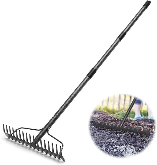 Garden Rake, 6FT Bow Rake Heavy Duty Leveling Rake with Adjustable Handle, 17 Tines Wide Head Metal Thatch Rake for Gardening Leaves Lawn Yard Mulch Rake