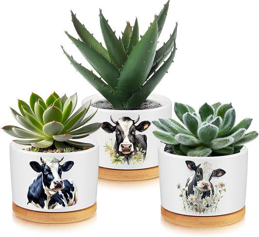 3 Pcs Cow Decor Gift for Christmas Women Planter Ceramic Gift Animal Plant Pot with Bamboo Tray for Office Home Farm House Bathroom Kitchen Decorations (No Plants Included)