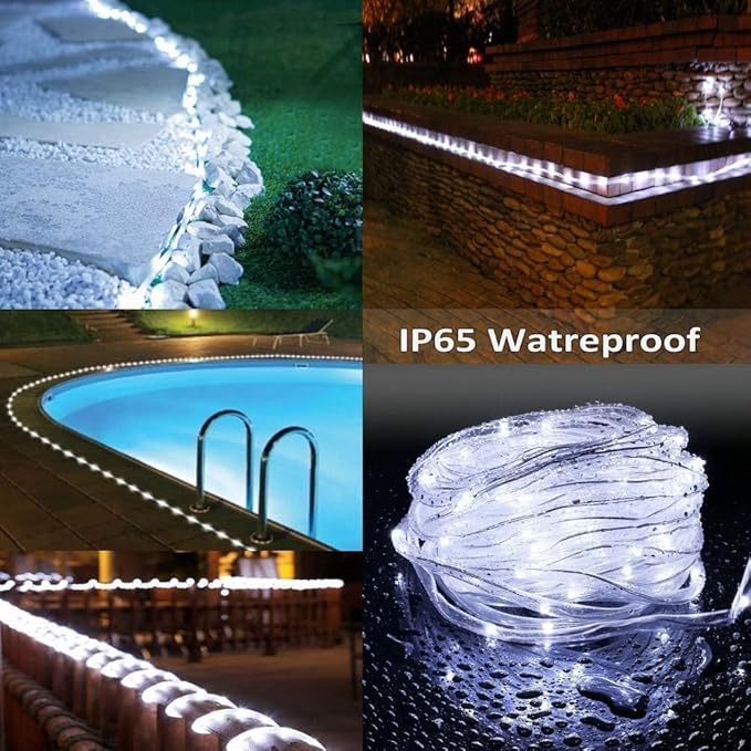 300 LED Solar Rope Lights Outdoor 99 FT Bright Solar Garden String Lights Durable 8 Modes Outdoor Fairy Lights Waterproof Solar Garden Decorative Lights for Fence Patio Decor (White)