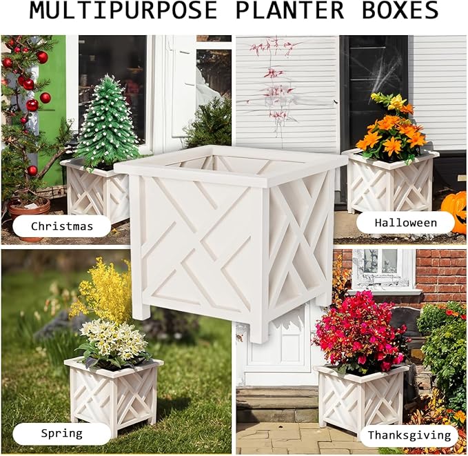 Planters Box - 14.75in Lattice Flower Box Plant Pot - Outdoor Patio Planters and Flower Boxes for Front Porch or Garden Decor by Pure Garden (White)