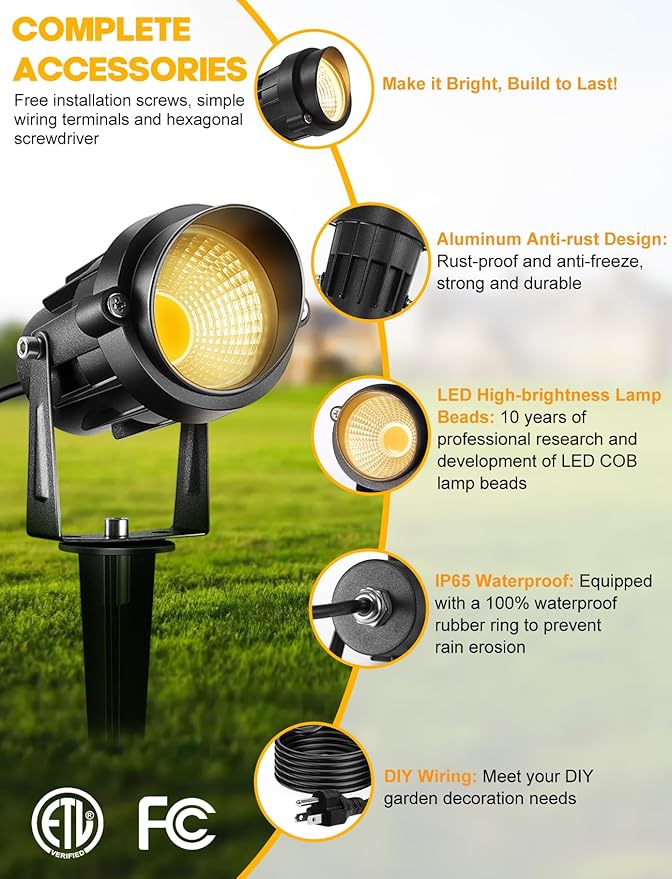 LemonBest 12W Landscape Lighting LED Outdoor Spotlight 120V AC Waterproof Landscape Lights Warm White Spot Lights for Yard Garden Decorative Lawn Lamp Flag Light with Spiked Stake, 4 Packs