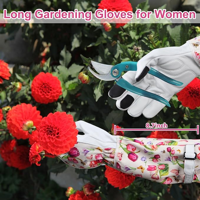 DLY Gardening Gloves for Women, Rose Gloves Gardening Thorn Proof, Long Garden Gloves for Women, Breathable Cowhide Leather Gauntlet (X-Large, White)