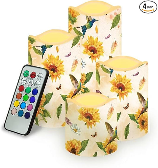 Ystardream Sunflower Hummingbird Flameless Candles with Timer Led Candles Flickering 4 Candle Sets for Home Decor,18 Key Remote Control，Dancing Flame, True Wax, Battery Powered.