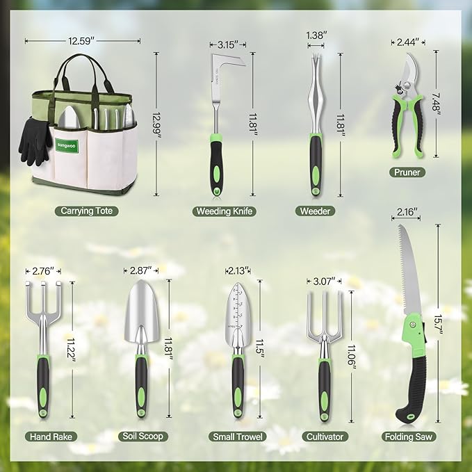 sungwoo Garden Tool Set 10 Piece, Heavy Duty and Lightweight Aluminium Alloy Tools with Ergonomic Handle, Sturdy Storage Tote Bag, Gardening Hand Tools, Gardening Gift for Women and Men Green