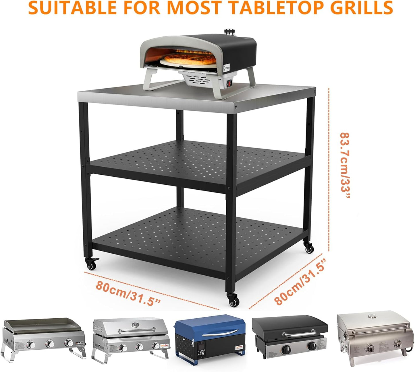 31.5” Pizza Oven Table for ooni Ninja Gozney Aidpiza BIG HORN, Modular Grill Cart for Blackstone Cuisinart Weber Char-Broil Royal Gourmet Pit Boss GasOne Griddle, Movable Food Prep Workcart Stand