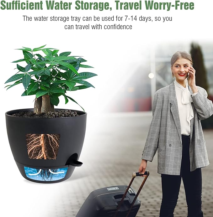 12 inch Large Self Watering Pots, Plastic Planters with 60oZ Removable Deep Reservoir and Multi Mesh Drainage Holes for Indoor Outdoor Garden Plants and Flowers, Black